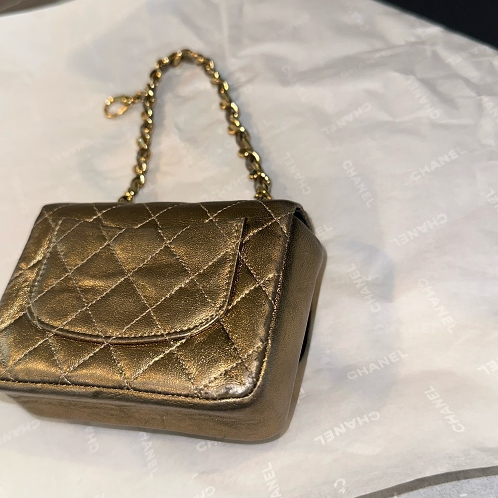 CHANEL Vintage Leather Classic Flap Micro Bag Pouch in Gold - Picture 10 of 16